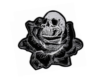 Black Rose Skull Embroidered Iron-On Patch