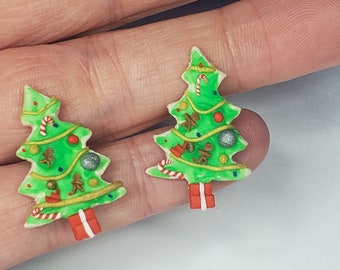 Frosted cookie shaped like Christmas Town Holiday Tree tiny details all hand sculpted ooak stud post earrings