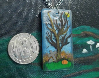 Fall tree painted epoxy resin pendant necklace grave stone pumpkin
