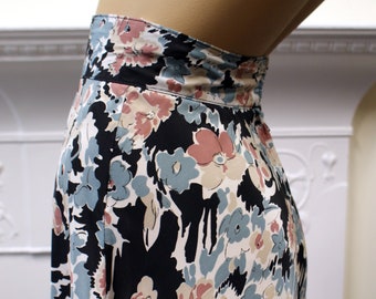 Gordon King British boutique Art Deco printed satin Glam Rock 1970s vintage high waist midi skirt