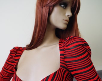 Biba original glam rock vintage 1970s red and black stripe sweetheart puffed sleeve dress