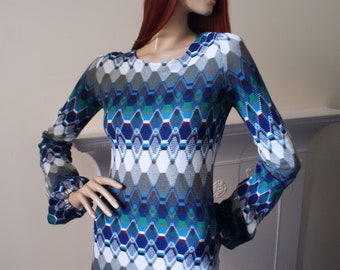 St Michael 1970s vintage glam rock flame knit bargello blue zig zag long sweater jumper