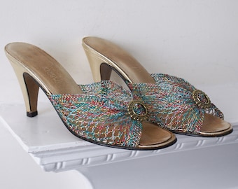 Martinelli exquisite gold leather and weave multi coloured 1970s vintage mules heels shoes