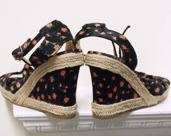 Floral satin espadrilles glam rock 1970s vintage platform wedge shoes UK 6