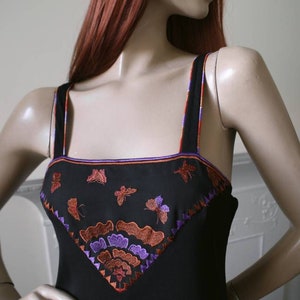 Janice Wainwright embroidered flowers and butterflies 1970s vintage black jersey maxi dress