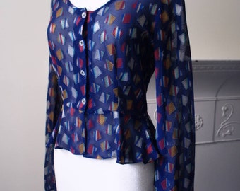 Crowthers of Manchester boutique designer 1970s vintage blue chiffon peplum glam rock blouse
