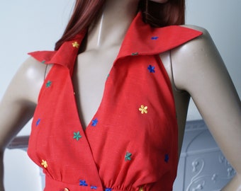 Vivid red embroidered wide collar peplum glam rock vintage 1970s halter neck top