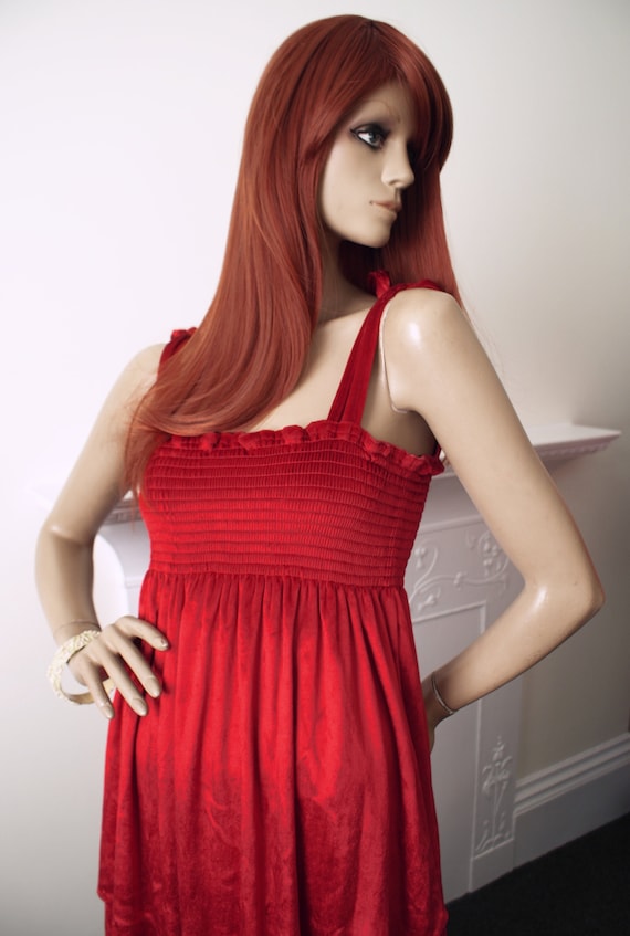 Ann Reeves and Co boutique red velvet luxe bohemian 1970s vintage tiered maxi dress Ann Reeves and Co boutique red velvet luxe bohemian 1970s vintage tiered maxi dress