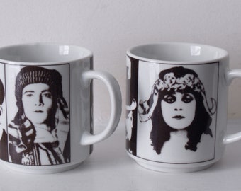 Silent movie star Theda Bara/Jean Harlow etc Hollywood pop art 1970s vintage ceramic pair of mugs