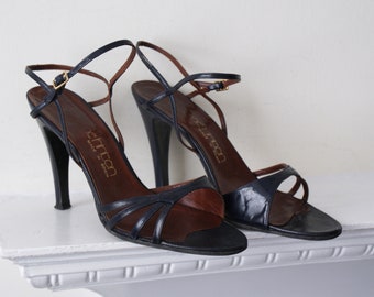 Graeme Hinton dark blue strappy 1970s vintage leather slingback heels shoes