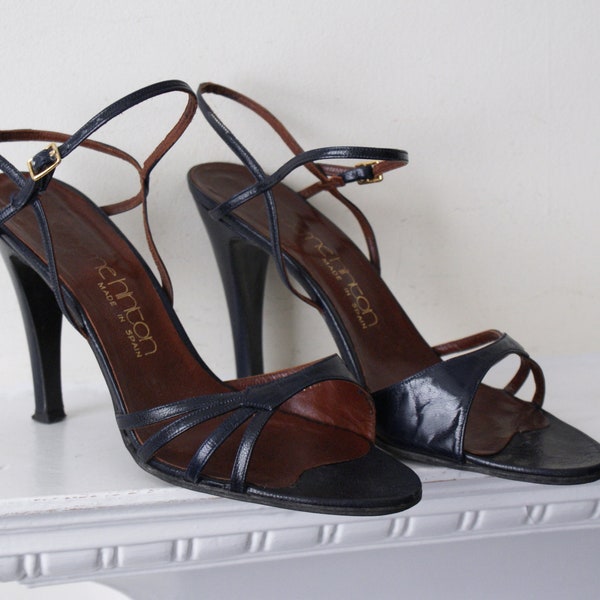 Graeme Hinton dark blue strappy 1970s vintage leather slingback heels shoes