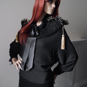 MIRANDA HOLLAND avant garde 1980s vintage gold tassel and ruffled black knit sweater jumper