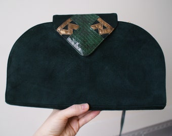 Jasmin dark green suede and snakeskin appliqué 1970s art deco style vintage shoulder clutch hand bag