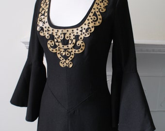 Water Gypsy medieval inspired 1960s/1970s black maxi dress with circle cuffs and faux leather trim