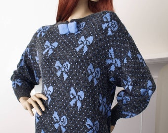 Amazing 'Snatch' label New Wave 1980s vintage blue and grey bow pattern snuggly jumper sweater