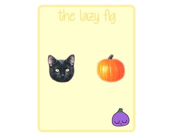Halloween earrings - black cat and pumpkin - your choice of stud or dangle titanium earrings