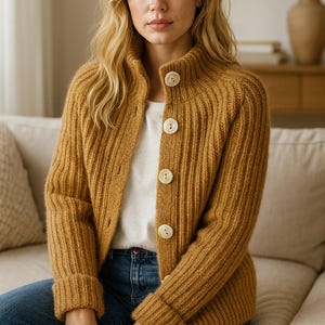 Peut inclure: Un cardigan en tricot côtelé de couleur moutarde avec un col montant et de gros boutons ronds blanc cassé. Le pull à manches longues est porté sur un t-shirt blanc et associé à un jean bleu. Le modèle est assis sur un canapé beige.