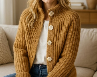 Modello PDF per cardigan a coste con bottoni / Modello per giacca in maglia da donna / Modello per cardigan in lana calda / Download immediato