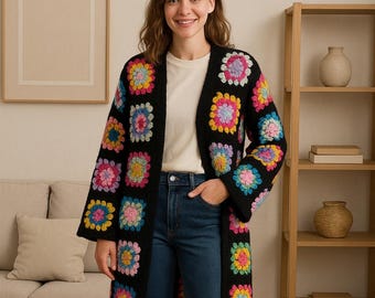 Crochet Granny Square Cardigan Pattern | Boho Patchwork Coat (PDF Tutorial)