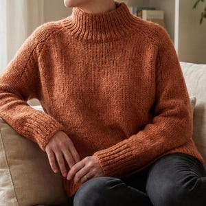 May include: A rust-coloured, knitted jumper with a high, ribbed collar. The jumper has long sleeves and a textured knit pattern. The person is sitting on a beige sofa, wearing black trousers.