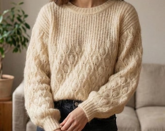 Cable Knit Sweater Pattern, Cozy Textured Pullover, Classic Women Jumper, Long Sleeve Knit blouse, Knitting PDF