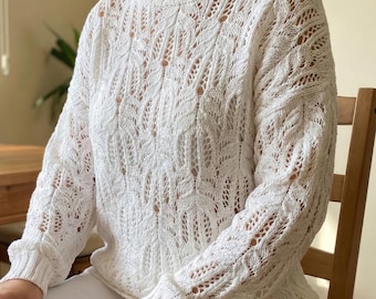 Lace Knit Sweater Pattern, Lightweight Summer Pullover, Elegant Openwork Top, Women Knit Blouse