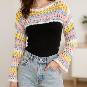 Pastel Crochet Shrug Pattern – Easy DIY Women’s Cardigan with Puffy Stitch Color Block Design, Custom Fit & Step-by-Step Instructions