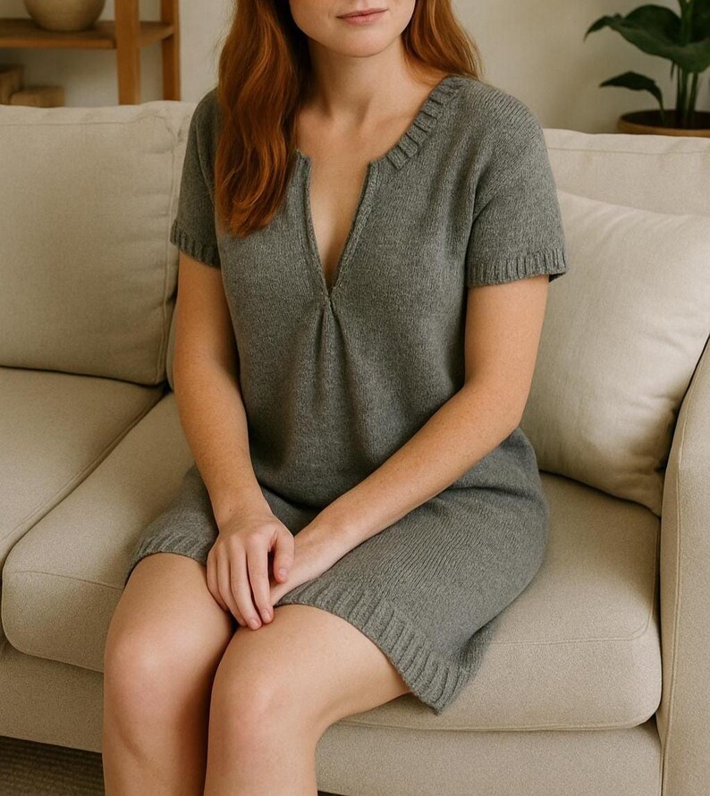 Ocean Mist Knit Tunic Pattern – Short Sleeve Minimalist Dress Knitting Pattern, Top Down Seamless Knit Dress, Modern Women’s Knitwear Design image 6