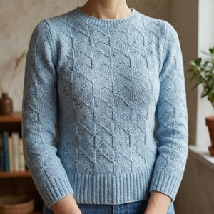 Puede incluir: Un suéter azul claro con un patrón geométrico. El suéter tiene cuello redondo y mangas largas. La prenda de punto presenta un diseño texturizado, con detalles acanalados en los puños y el dobladillo. El suéter está hecho de un material suave y cómodo.
