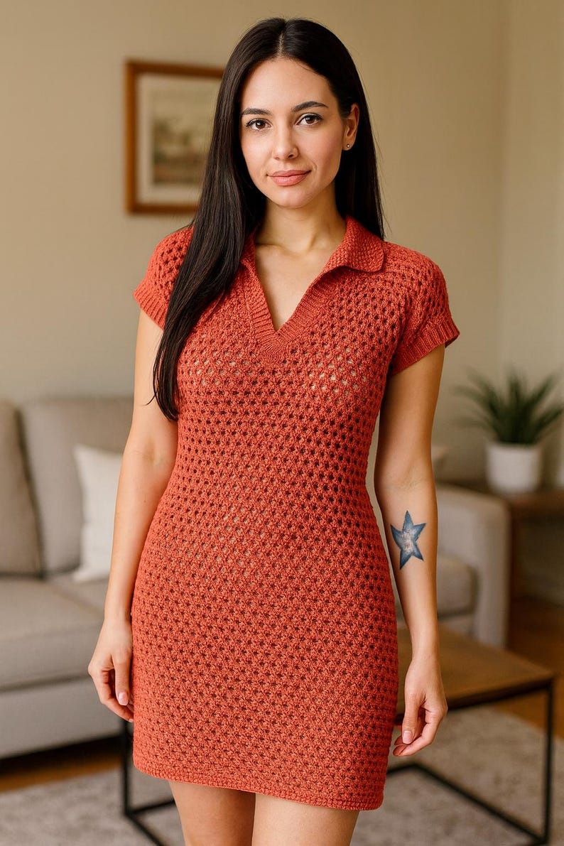 May include: A rust-colored, short-sleeved crochet dress with a collared neckline and a V-neck. The dress has a fitted silhouette and a textured, open-weave design. The model is wearing the dress.