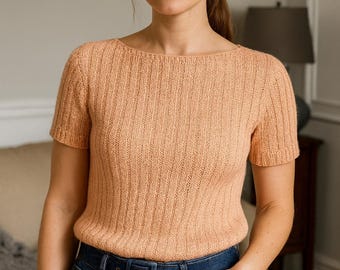 Ribbed Knit Top Pattern • Short Sleeve Knitted T-Shirt PDF • Summer Knitwear Pattern