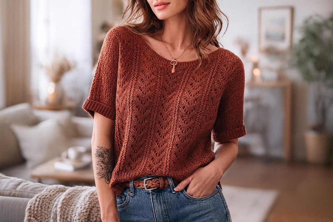 Lace Knit Top Pattern • Short Sleeve Openwork Cardigan PDF