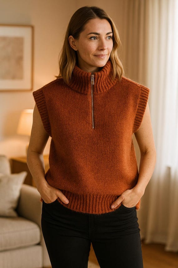 Half Zip Knit Vest Pattern • Women's Sleeveless High Neck Sweater