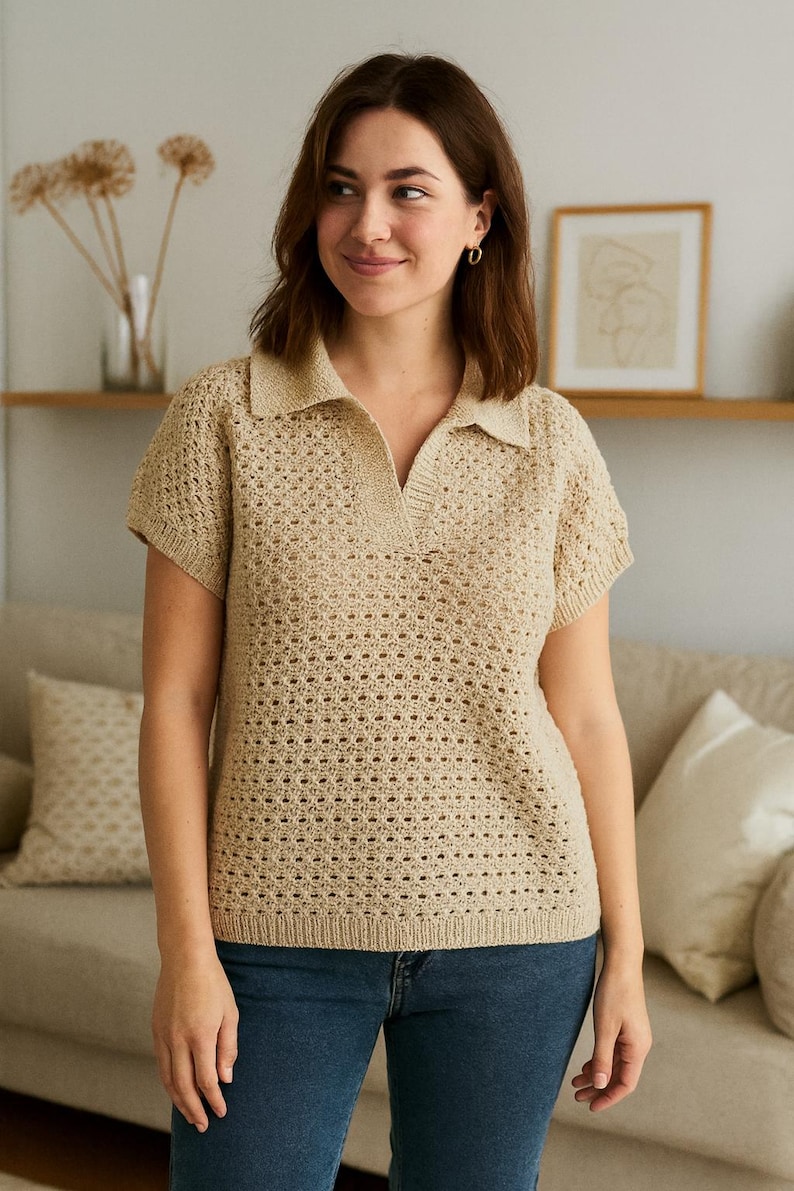 May include: A beige, short-sleeved polo shirt with a collared neckline. The shirt has a textured, open-knit design. The model is wearing blue jeans. The background includes a sofa, decorative pillows, and a framed picture.