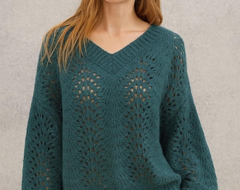 Oversized Lace Knit Sweater Pattern: V-Neck Pullover (PDF Pattern)