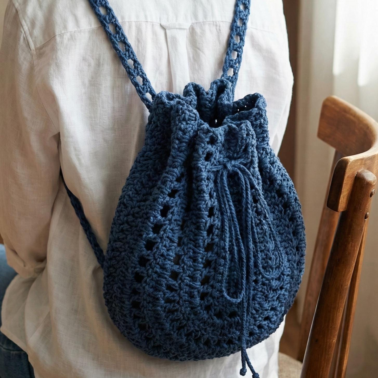The SAK Mini Crochet Drawstring Backpack Purse - Bucket bag/ boho Blue The Sak Crochet Stripe Drawstring Bucket Backpack Leather  main image 3