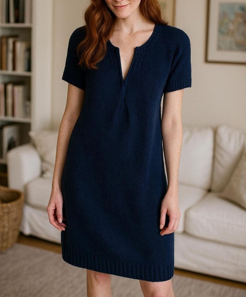 Ocean Mist Knit Tunic Pattern – Short Sleeve Minimalist Dress Knitting Pattern, Top Down Seamless Knit Dress, Modern Women’s Knitwear Design image 3