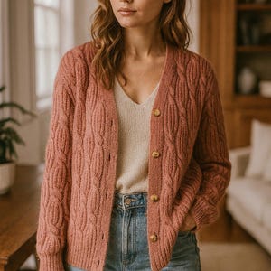 May include: A dusty rose cable-knit cardigan with a V-neck and wooden buttons. The long-sleeved sweater is worn over a cream-colored top and paired with blue jeans. The cardigan's textured pattern adds visual interest to the outfit.