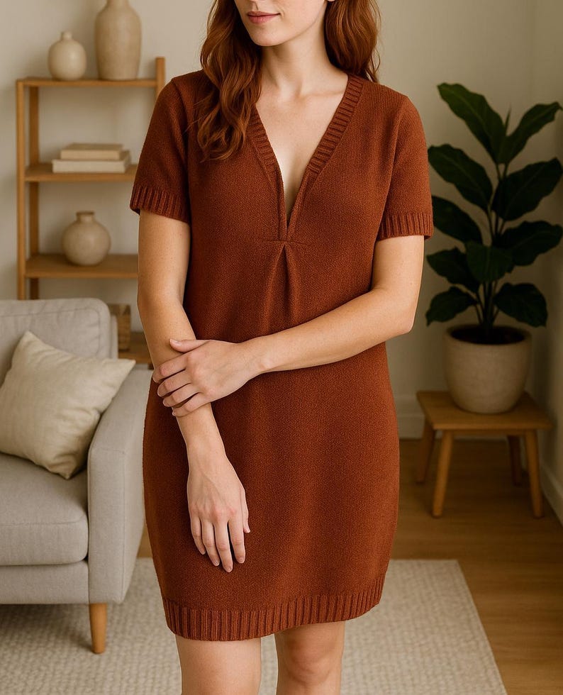 Ocean Mist Knit Tunic Pattern – Short Sleeve Minimalist Dress Knitting Pattern, Top Down Seamless Knit Dress, Modern Women’s Knitwear Design image 4