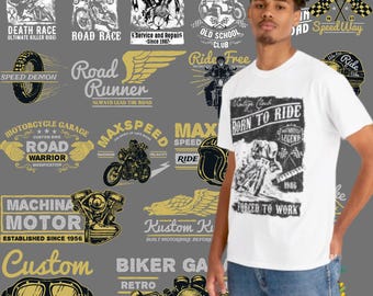 79 種類のバイクの T シャツ デザイン フォント バンドル | AI、EPS、JPG、psd、svg、png | バイク愛好家やカスタム アパレル向けのユニークなタイポグラフィ