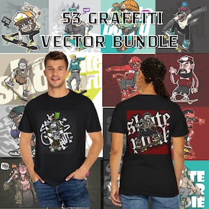 May include: Two people wearing black t-shirts with different graphic designs. The designs feature a skull, a spray can, and the words "Skate or Die". The text "53 Graffiti Vector Bundle" is displayed at the top of the image.