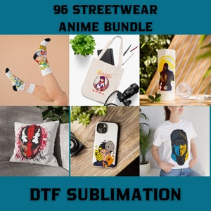 96 Pacote de anime streetwear – designs de sublimação DTF para camisetas, moletons e muito mais! Gráficos únicos e modernos!