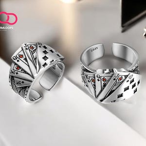 Anel com design de carta de baralho | Argolas de punho abertas ajustáveis | Acessórios elegantes para as mãos
