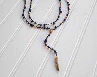 Long Beaded Necklace, Lariat Necklaces for Women, Long Crystal Necklace, Black and Gold Necklace, Glass Beaded Jewelry, Mother's Day Gift