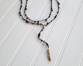 Long Beaded Necklace, Lariat Necklaces for Women, Long Crystal Necklace, Black and Gold Necklace, Glass Beaded Jewelry, Mother's Day Gift