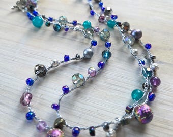 Long Beaded Czech Glass Necklace: Teal, Purple, Silver Wrap Bracelet, Crochet Necklace, Silver jewelry, Gift for Mom
