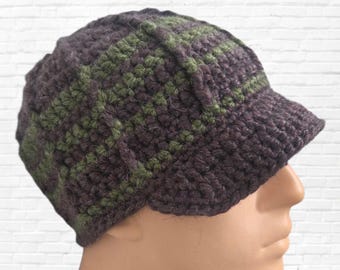 Men’s Wool Blend Crocheted Brim Hat – Handmade Brown and Green Striped Beanie Cap, Chunky Crochet Winter Hat for Him, Warm Gift for Men
