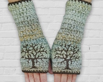 Women's Fingerless Gloves with Tree of Life, Embroidered Armwarmers, Green brown, Women's Wrist Warmers Gloves, Boho Gloves, MADE TO ORDER