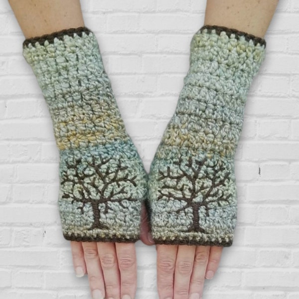 Women's Fingerless Gloves with Tree of Life, Embroidered Armwarmers, Green brown, Women's Wrist Warmers Gloves, Boho Gloves, MADE TO ORDER