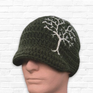 Winter Hat with Tree of Life, Brimmed Beanie, Mens Hat, Woman's Hat, Tree Hat, Dark Green and Cream Beanie, Gifts for guys, MADE TO ORDER image 2